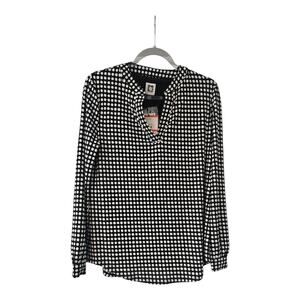 Anne Klein NWT Womens XS Blouse Polka Dot Stretch Split V-Neck L/S Button Cuffs